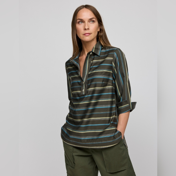 Hinson Wu Tops - Hinson Wu Charlotte 3/4 Sleeve Variegated Satin Stripe Top Oregano Multi